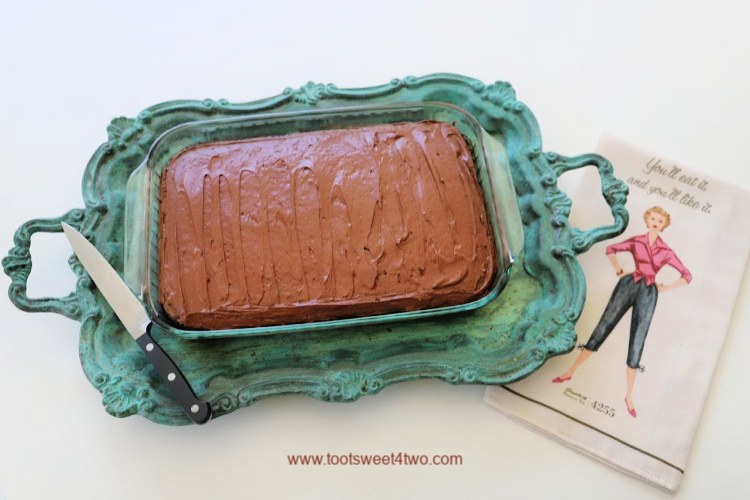 crazy chocolate cake on a beautiful turquoise tray