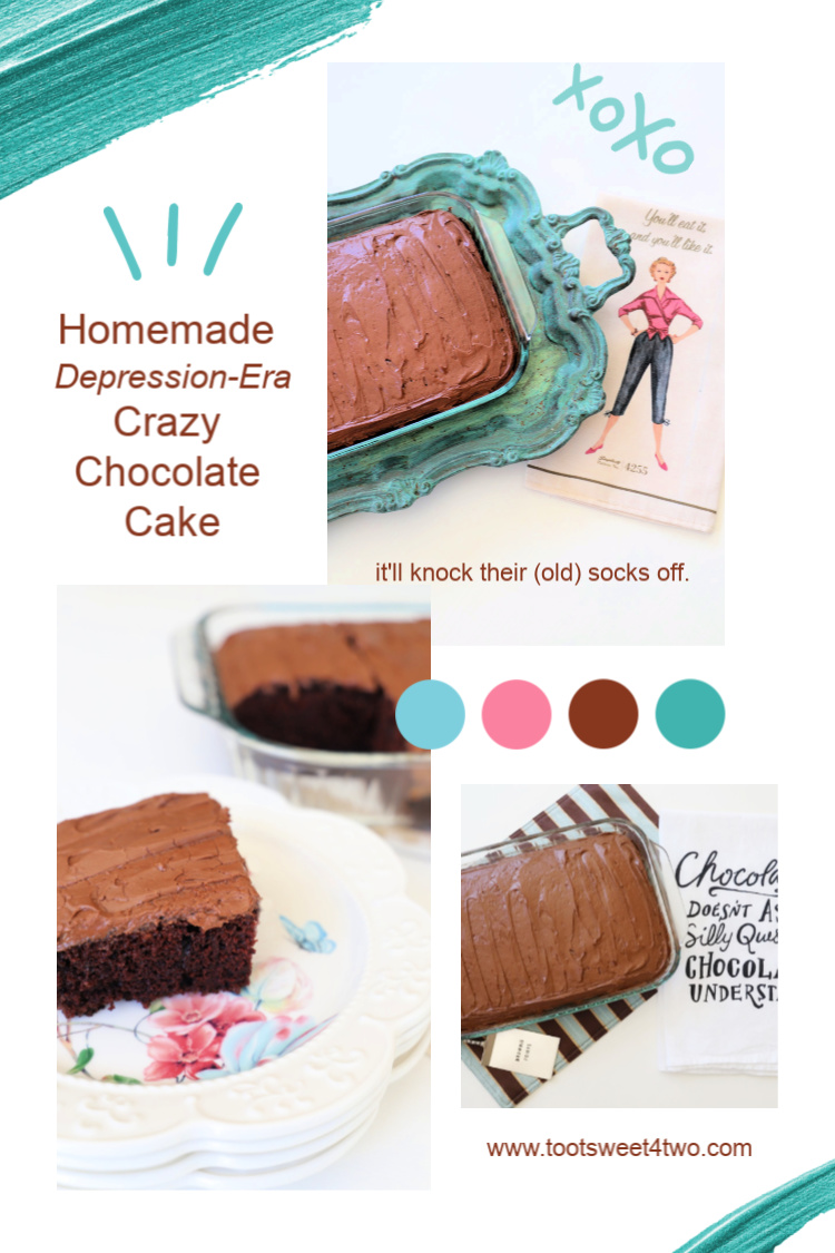 collage of crazy chocolate cake on a turquoise serving tray