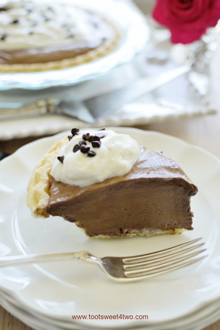 slice of French Silk Chocolate Pie on a white plate