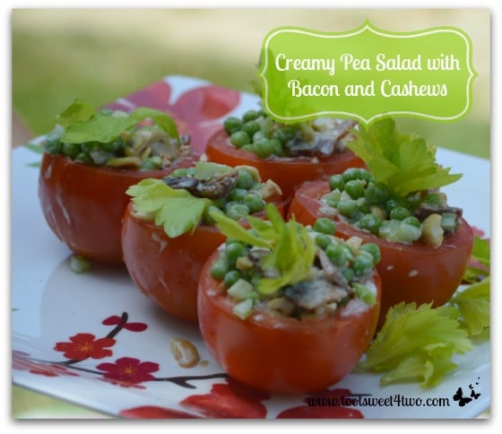 Creamy Petite Pea Salad with Bacon and Cashews in Tomato Cups