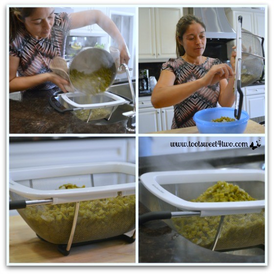 Draining the cooked cactus for Ensalada de Nopales