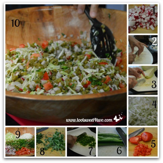 Preparing the veggies for Cactus Salad
