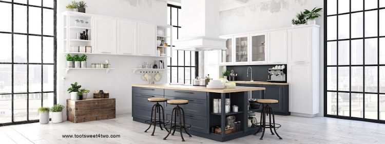 panorama view of beautiful black and white loft kitchen with large center island
