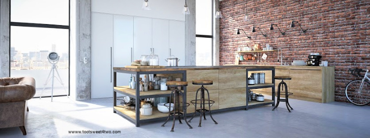 panorama view of industrial-style loft kitchen with brick wall