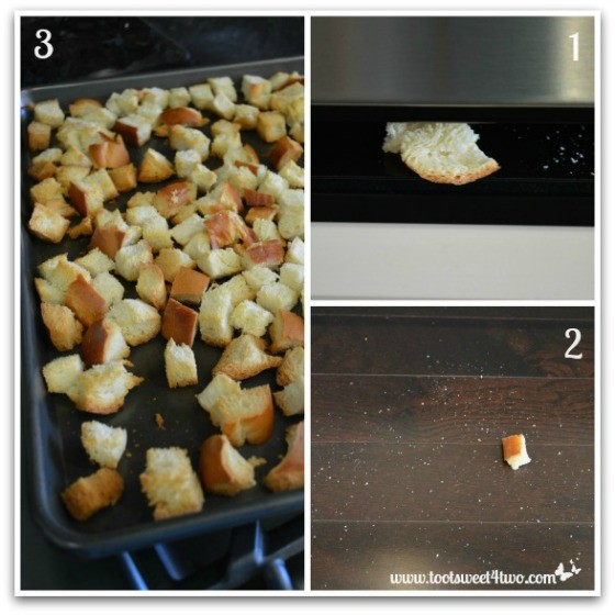Toasting bread cubes for White Chocolate Bread Pudding