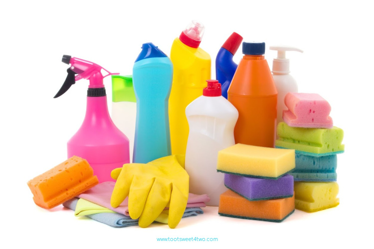 lots of cleaning supplies and cleaning products