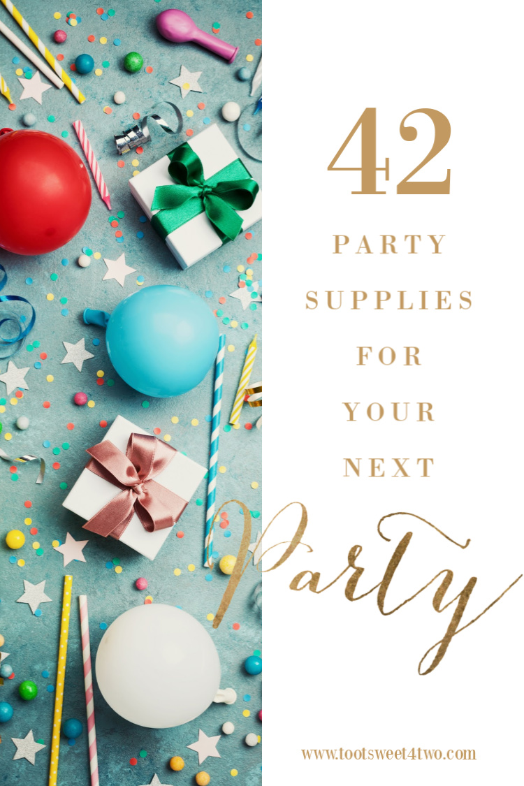 party supplies on a turquoise background for Pinterest