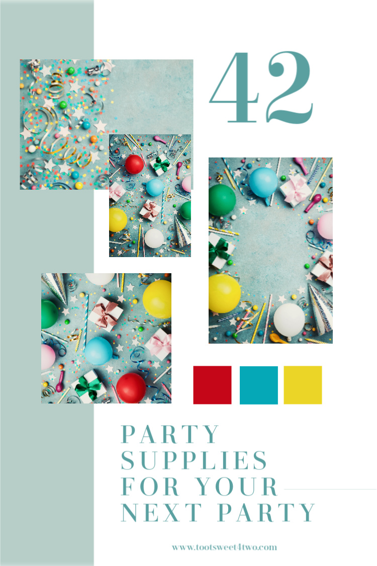 collage of party supplies on a turquoise background