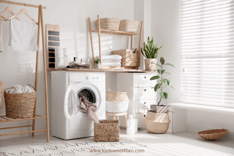 white laundry room with various wicker baskets