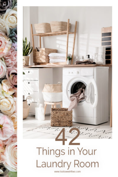 modern laundry room with lots of pretty baskets