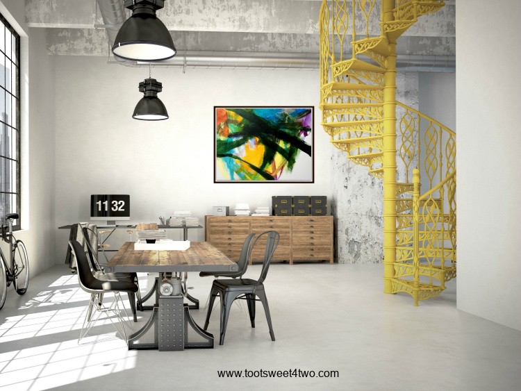abstract painting Emerald City in industrial-style dining room with yellow staircase