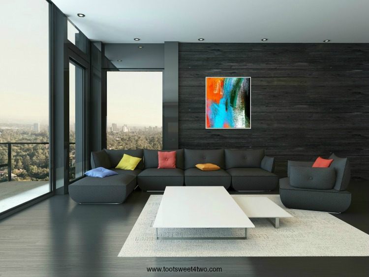 Blue Flash abstract painting hung in beautiful black modern living room