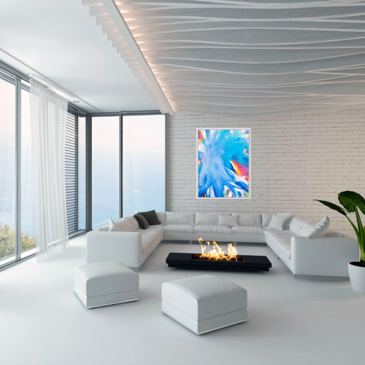 Wild Blue Yonder abstract painting hung in beautiful white modern living room