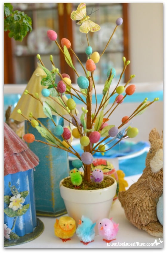 Easter Egg Tree And Chicks Decorating The Table For An Easter