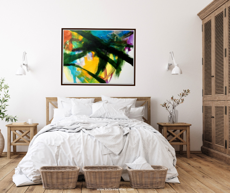 Emerald City abstract painting hanging in beautiful master bedroom