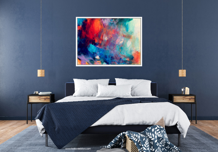 Solar Flare abstract painting in a navy blue master bedroom