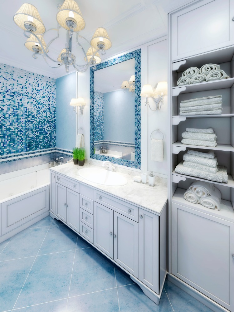 side angle view of beautiful blue and white master bathroom