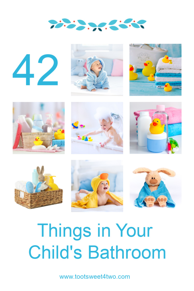 collage of various child's bathroom toys, accessories and supplies