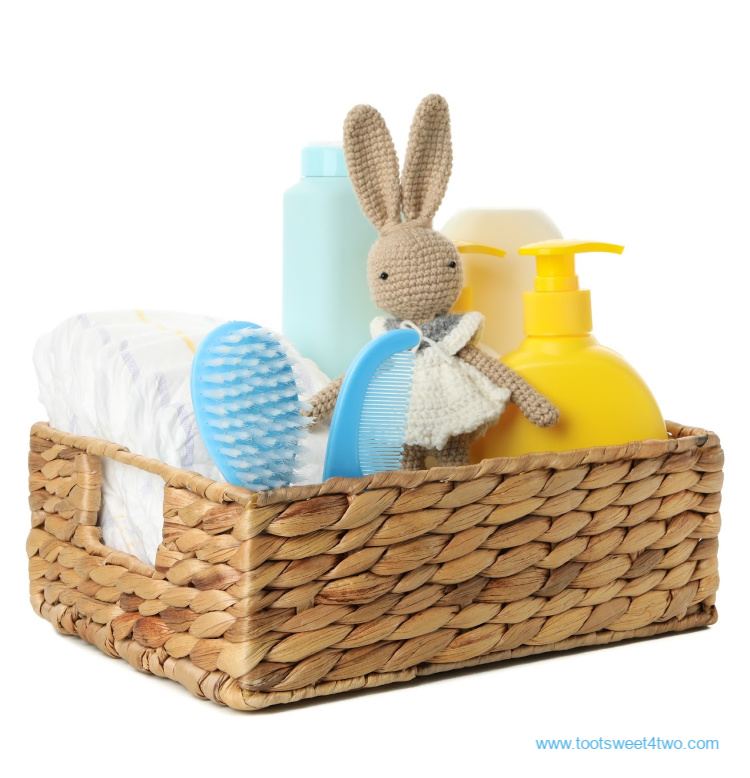 basket of child's bathroom supplies and a stuffed bunny