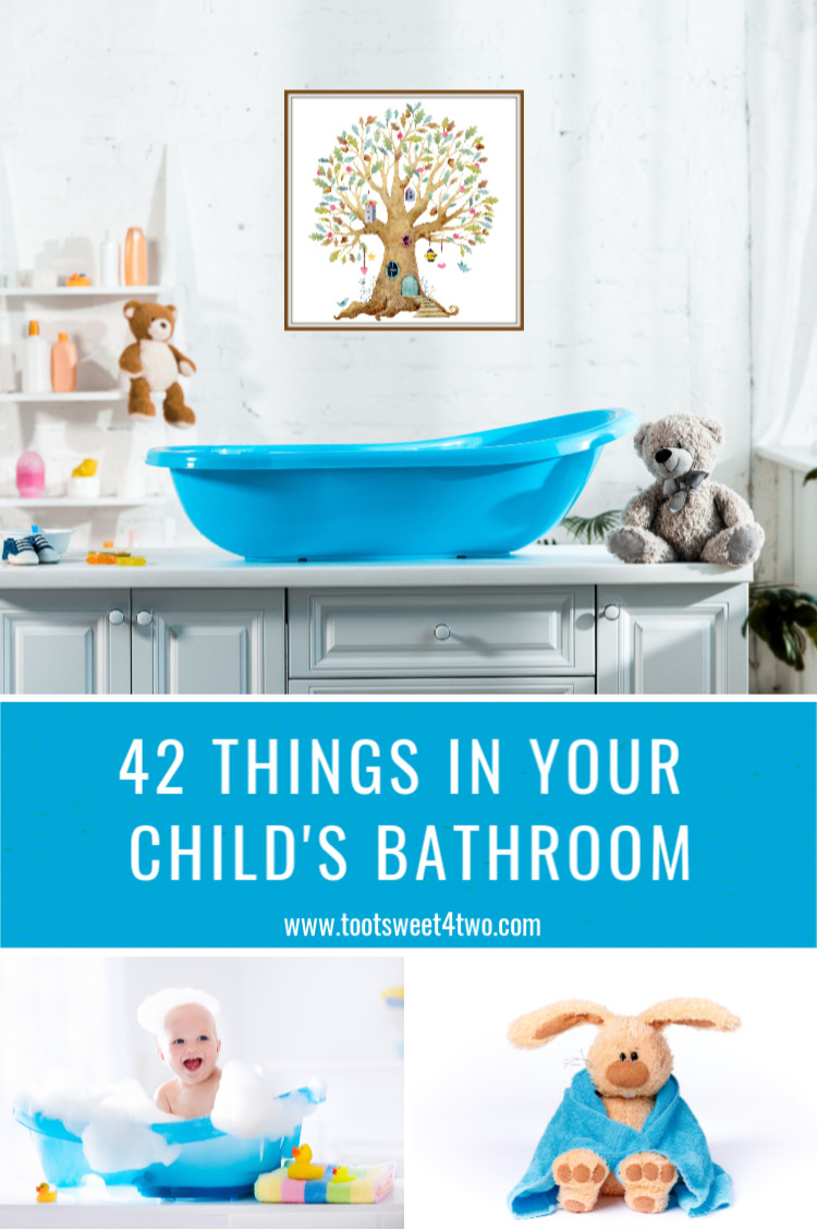 collage of things in a child's bathroom including a bunny