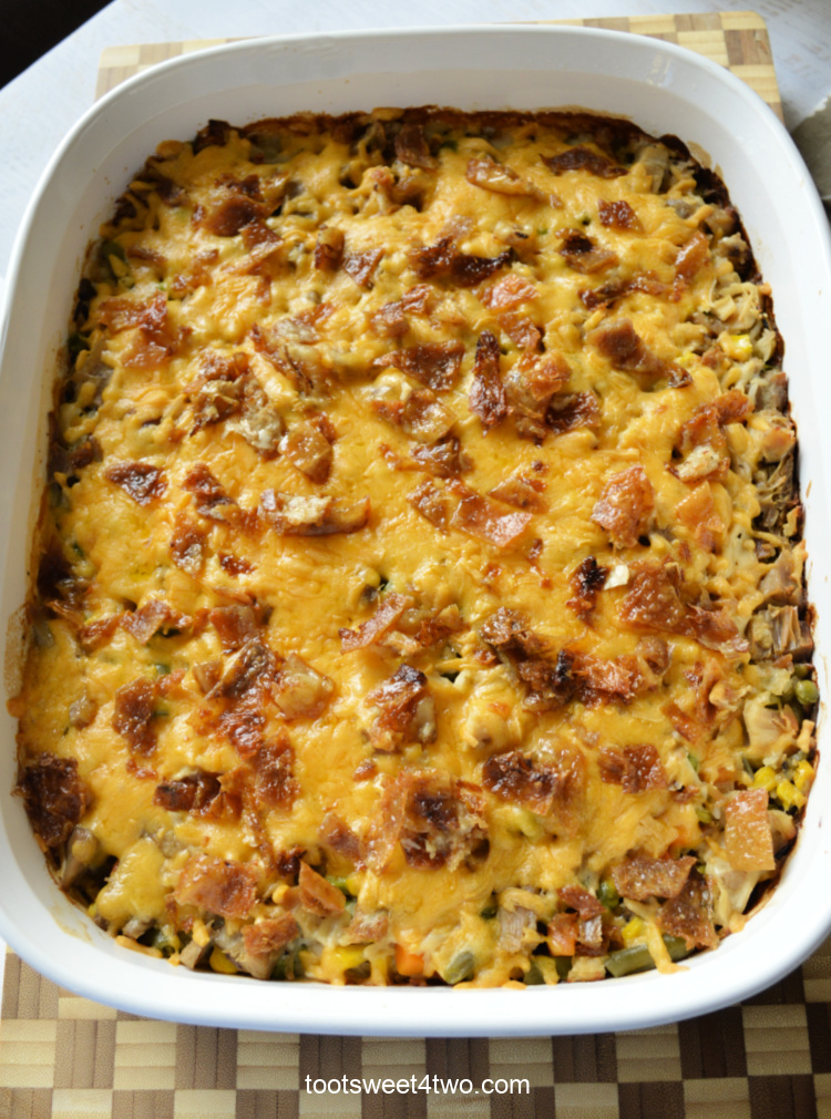 close-up of leftover turkey and rice casserole in a casserole dish