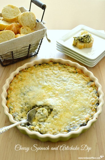 Cheesy Spinach and Artichoke Dip in baking dish