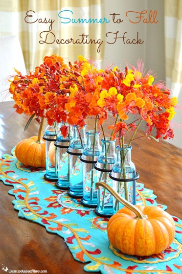 Easy Summer to Fall Decorating Hack orange flowers and pumpkins with turquoise accents