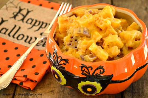 Cheesy Brown Butter Halloween Mac & Cheese in owl bowl