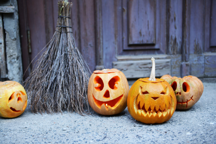 several scary carved jack-o-lantern pumpkins