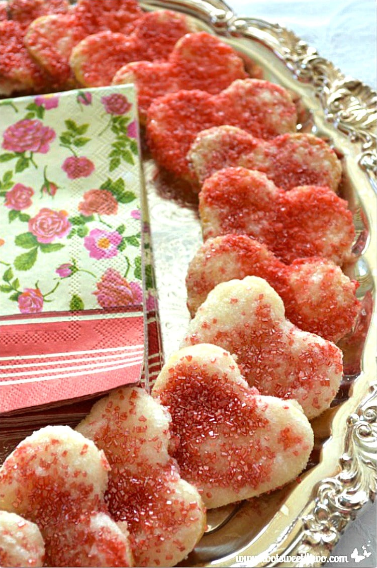 Sweetheart Red Sprinkle Pie Crust Cookies on silver platter