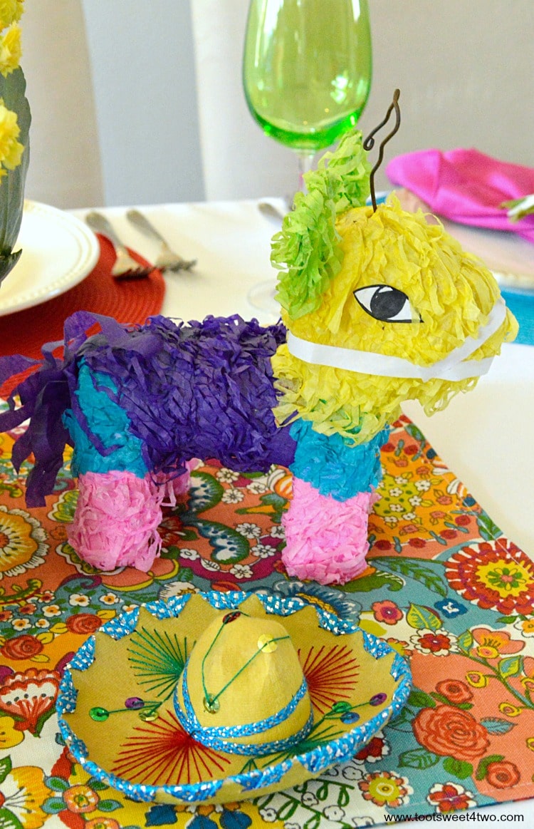 Mini Donkey Pinata and Yellow Mariachi Sombrero for Decorating the Table for a Cinco de Mayo Celebration