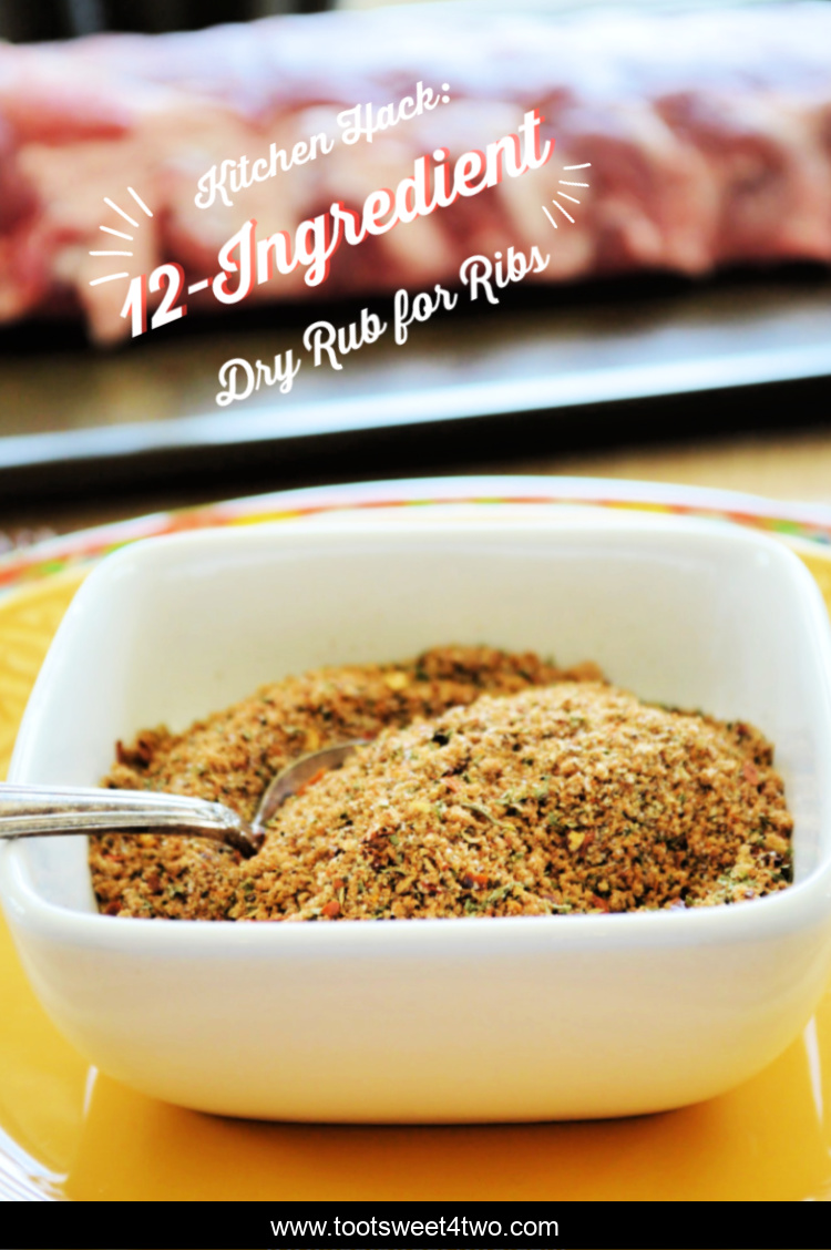 dry rub for ribs mix in a white bowl with a rack of pork ribs behind it