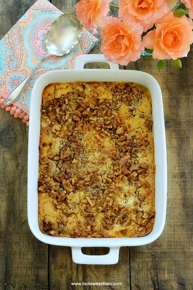 Peach Pineapple Dump Cake with Walnuts in a baking pan