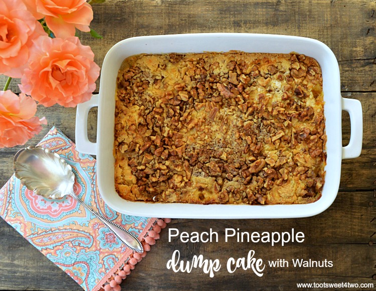 A baking pan of Peach Pineapple Dump Cake with Walnuts