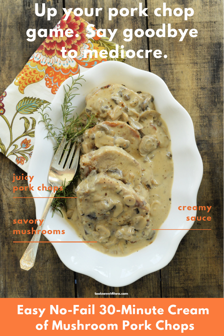 pork chops smothered in mushroom gravy in a large oval bowl