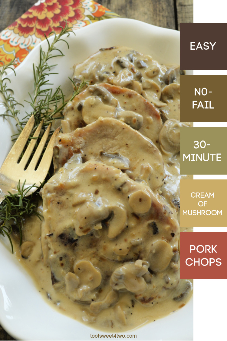 close-up of pork loin chops smothered in cream of mushroom grav