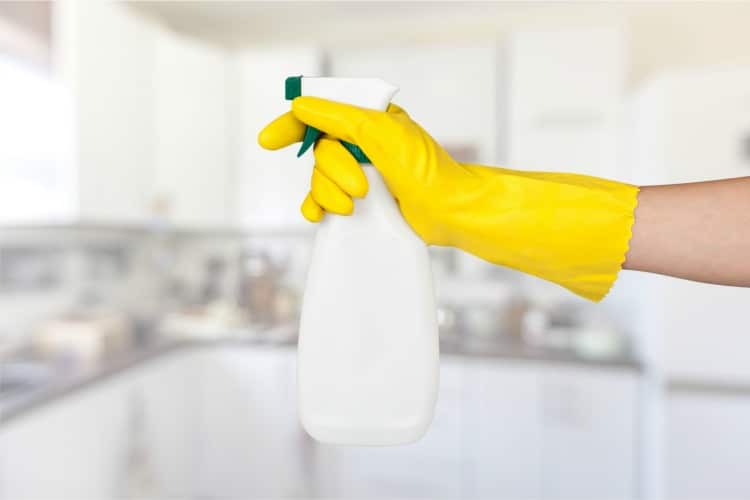 Hand holding spray bottle in kitchen