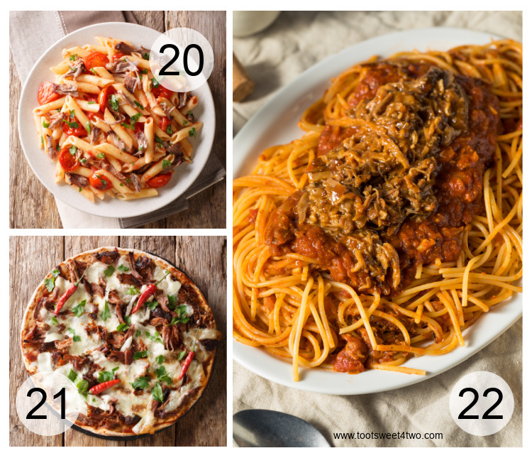 various pasta dishes with pulled pork