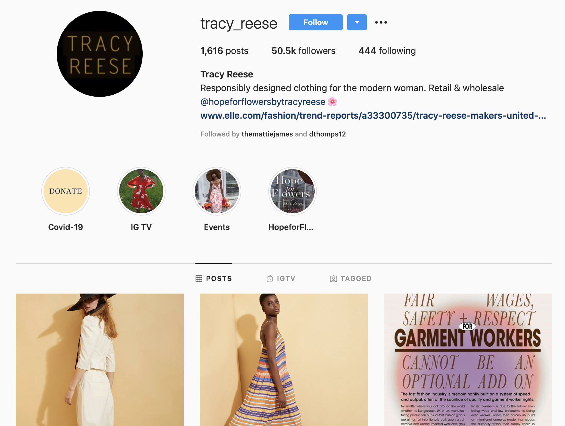 Screenshot of Tracy Reese's Instagram account.