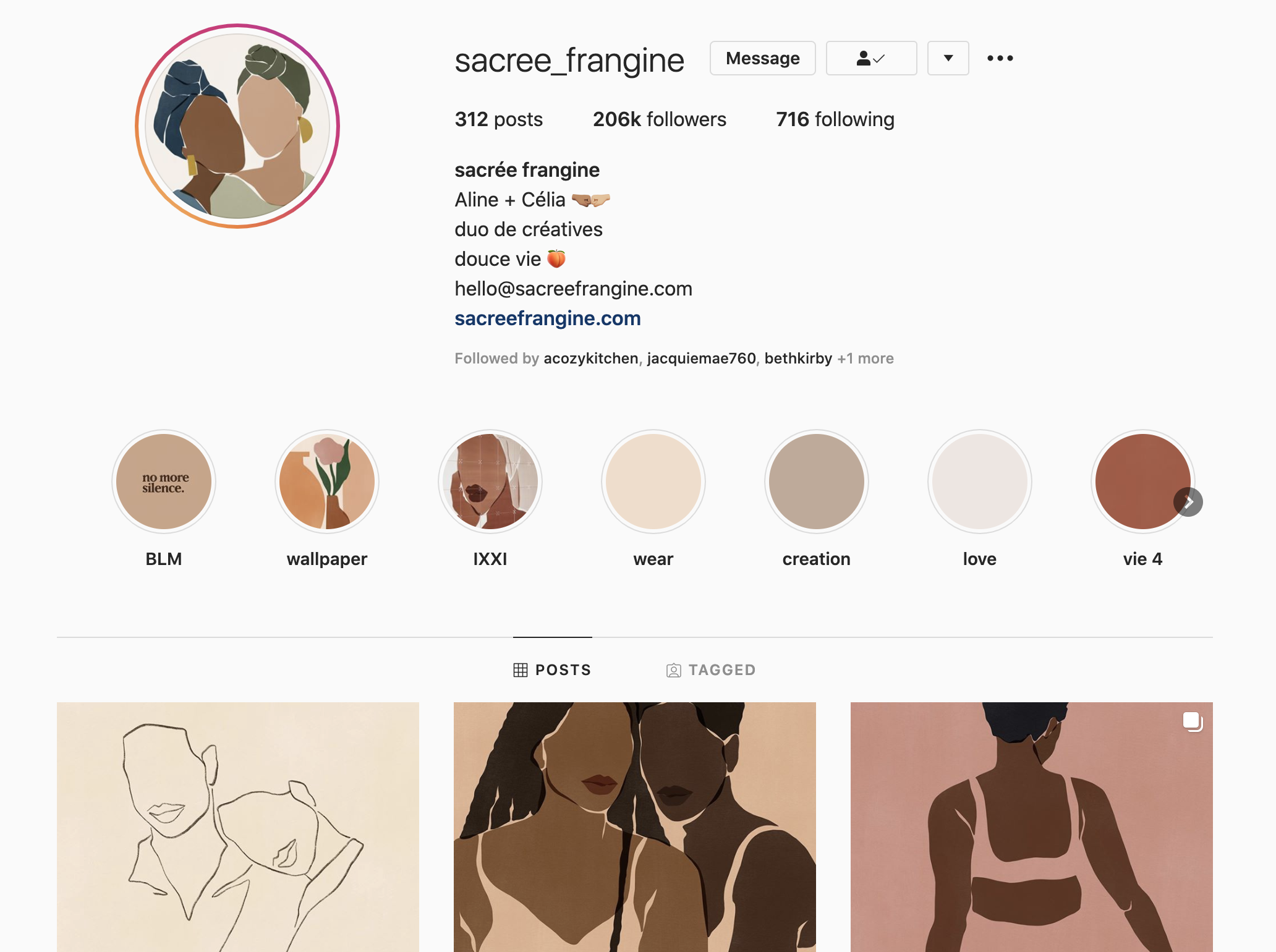 Screenshot of the Instagram account of Sacrée Frangine.