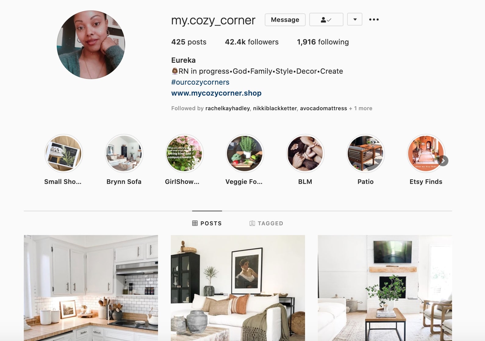 Screenshot of the Instagram account for My Cozy Corner.
