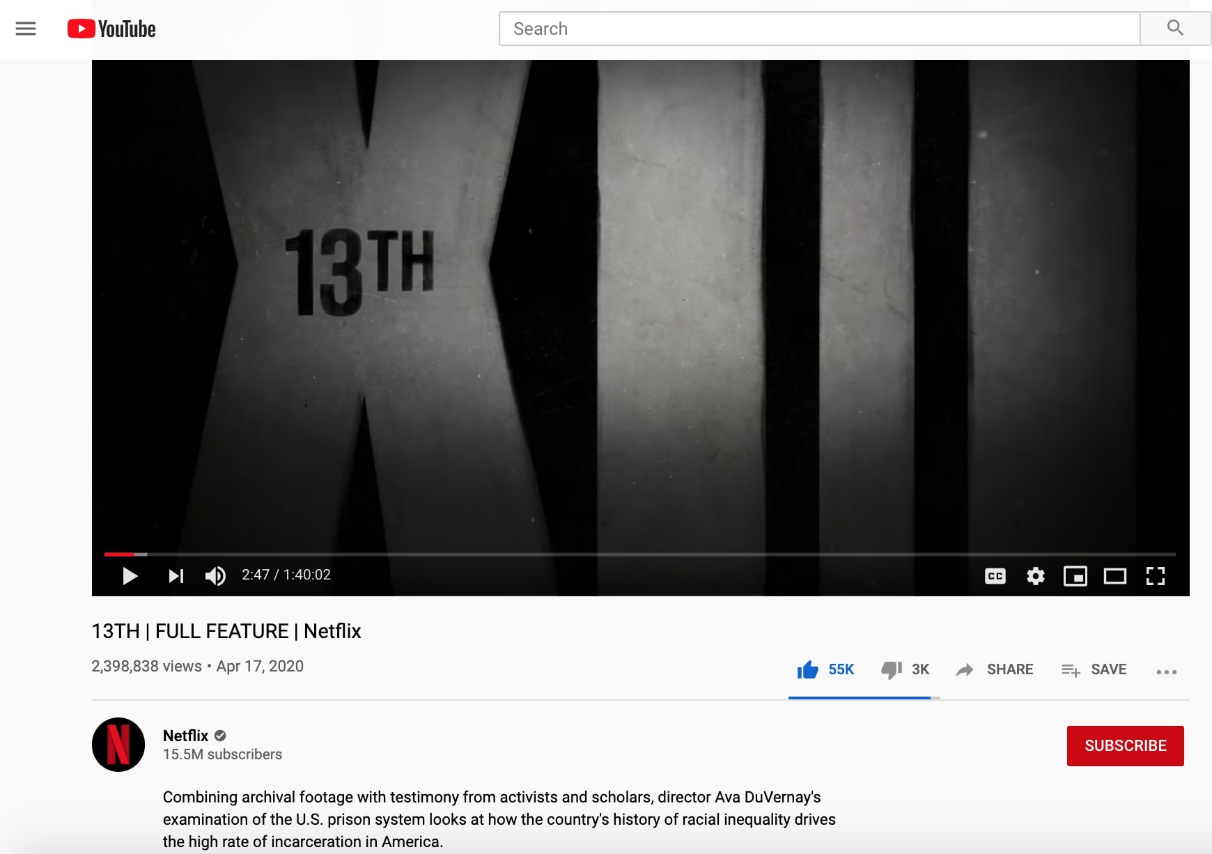 Screenshot of "13th" on Youtube