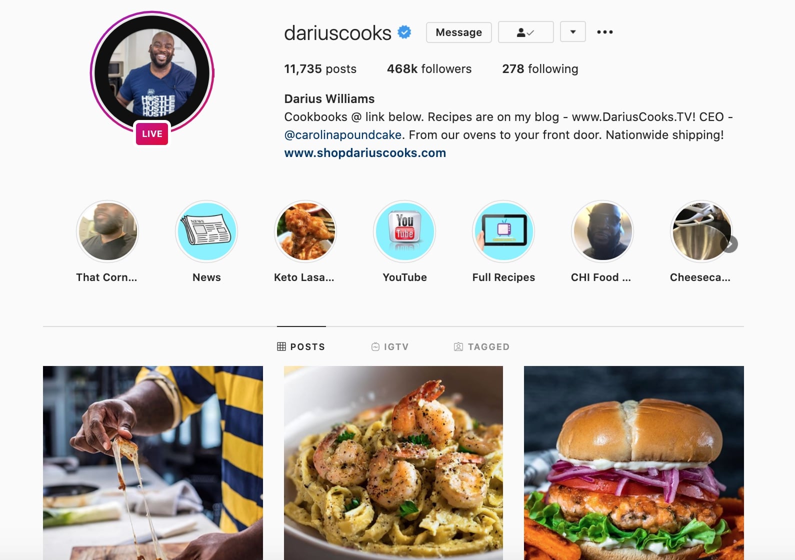 Screenshot of the Instagram account for Darius Cooks.