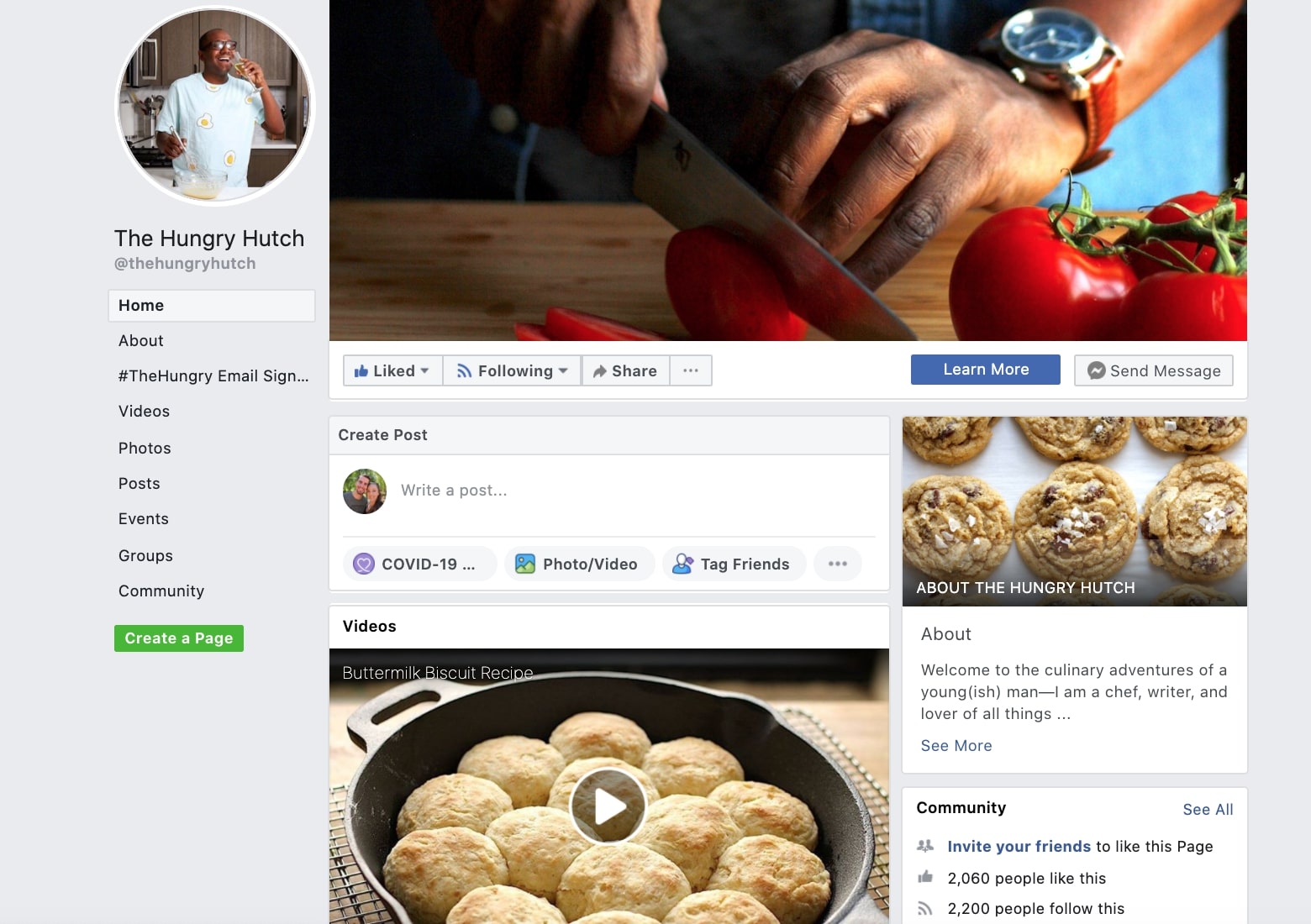 Screenshot of the Facebook account for The Hungry Hutch.