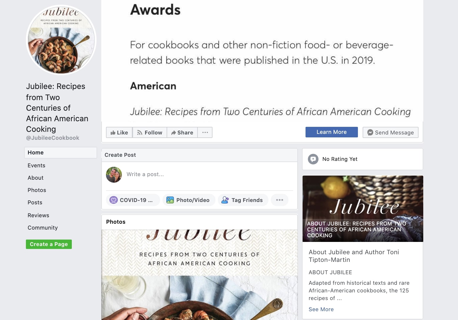 Screenshot of the Facebook page for "Jubilee Recipes From Two Centuries of African American Cooking" cookbook.
