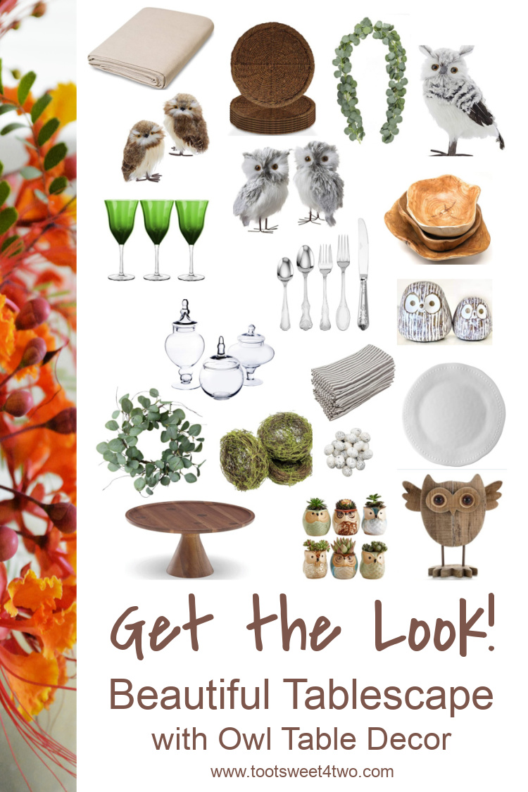 mood board for owl table decor for a tablescape