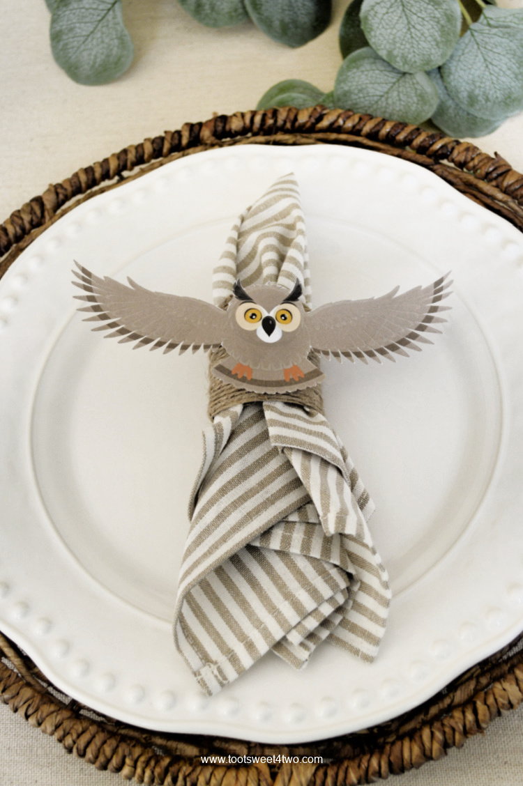 Owl Table Decor - Gray Great Horned Owl Napkin Ring close-up
