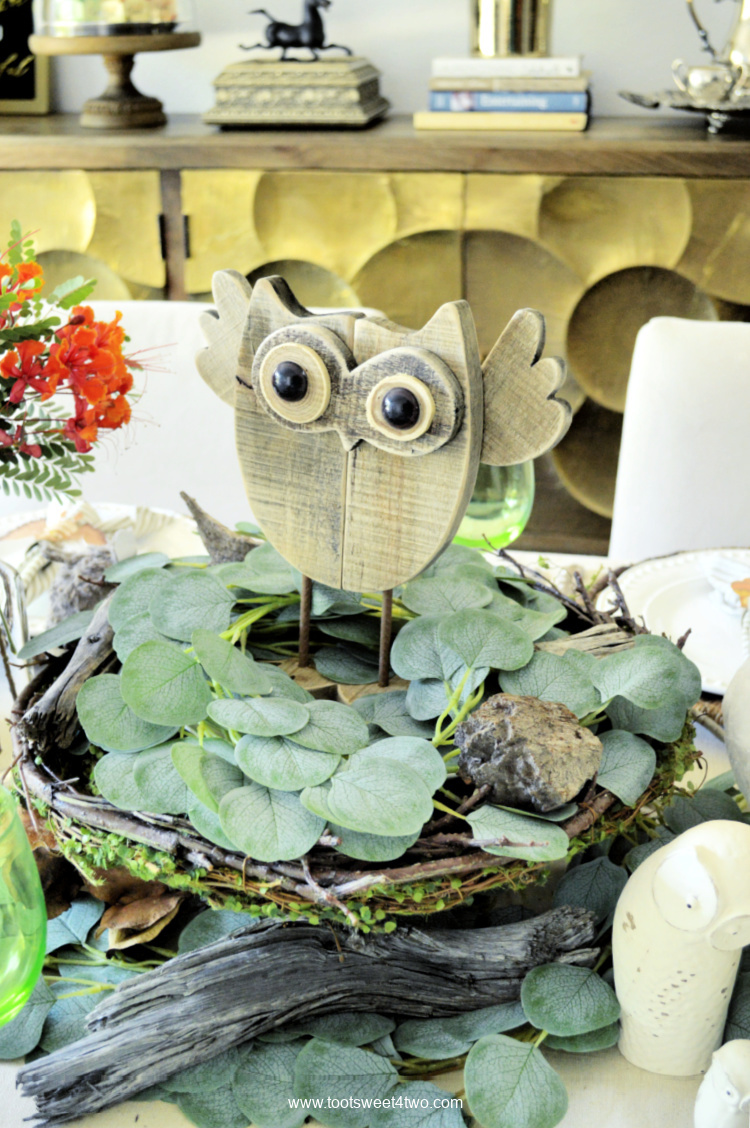 handmade-looking wooden owl table decor