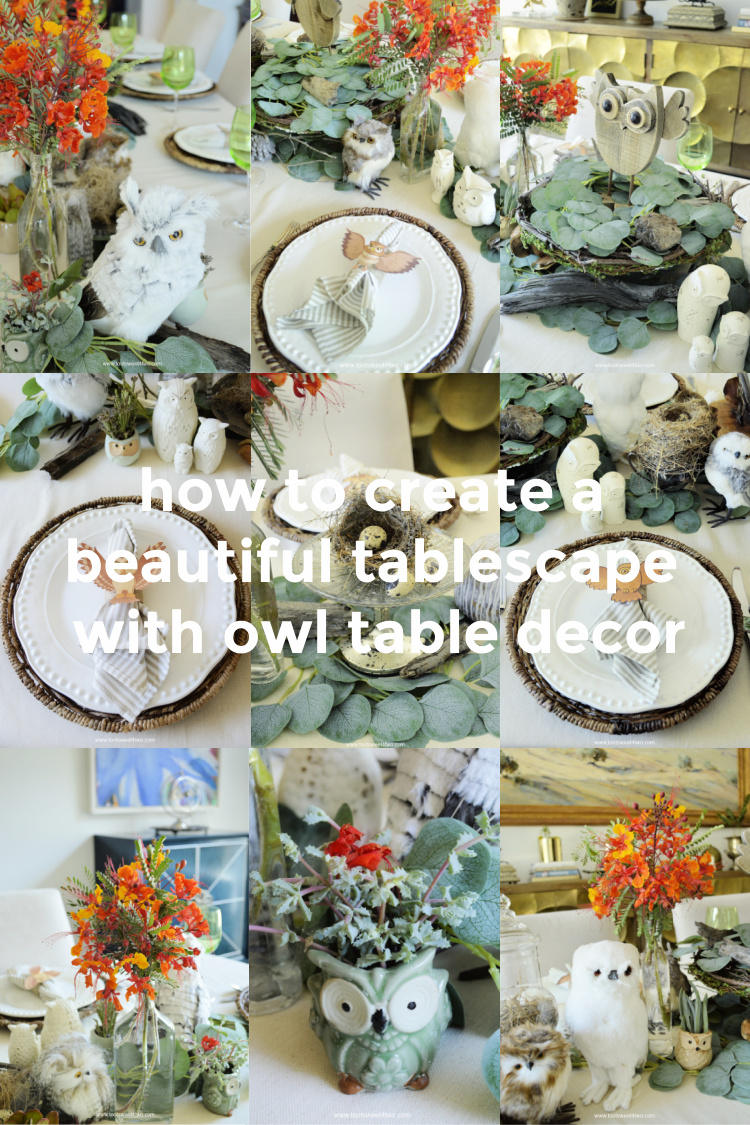 collage of owl table decor for an owl tablescape