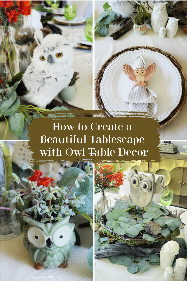 collage of owl table decor